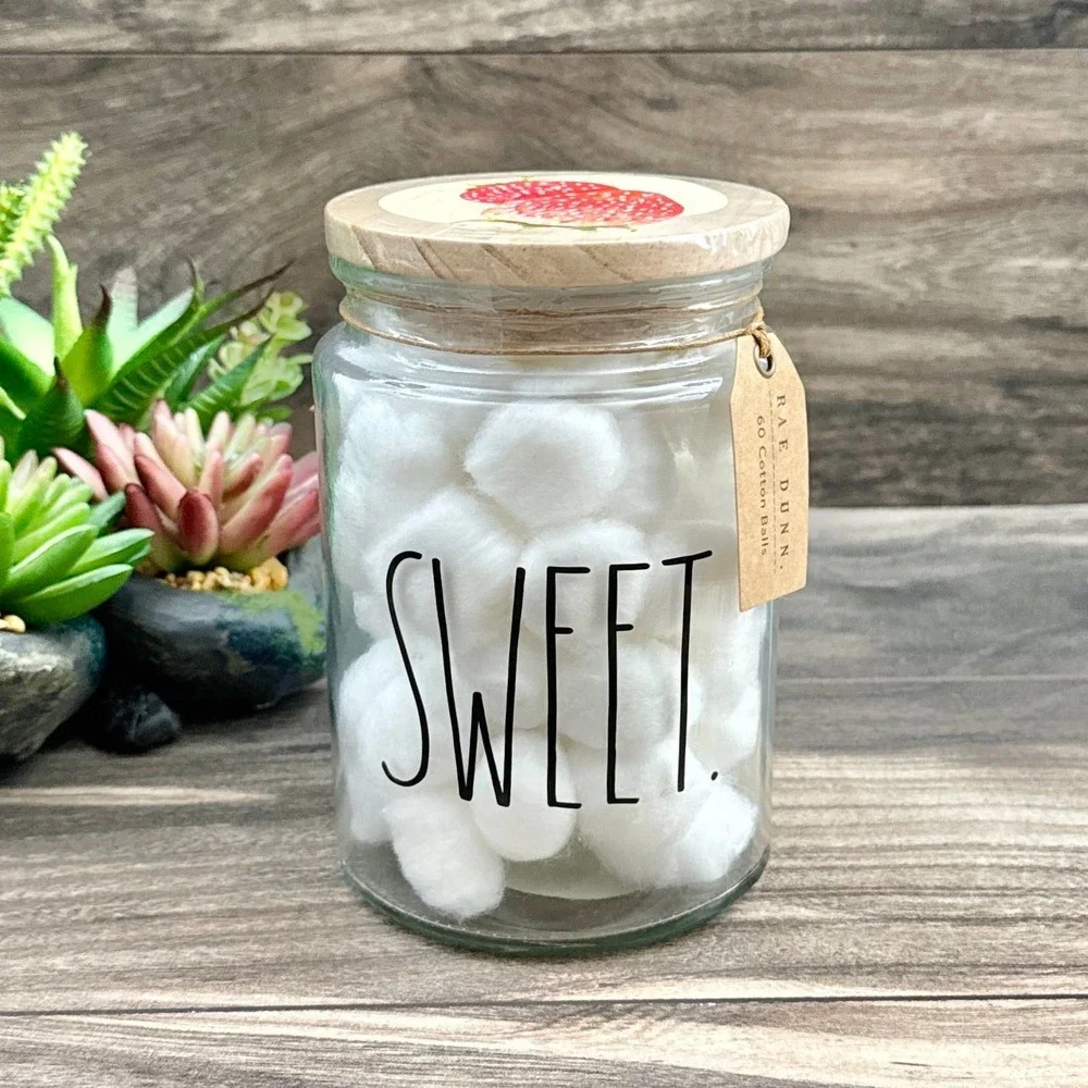 NIB RAE DUNN Large Glass Jar w 60 Cotton Balls Sweet Strawberries Lidded Storage